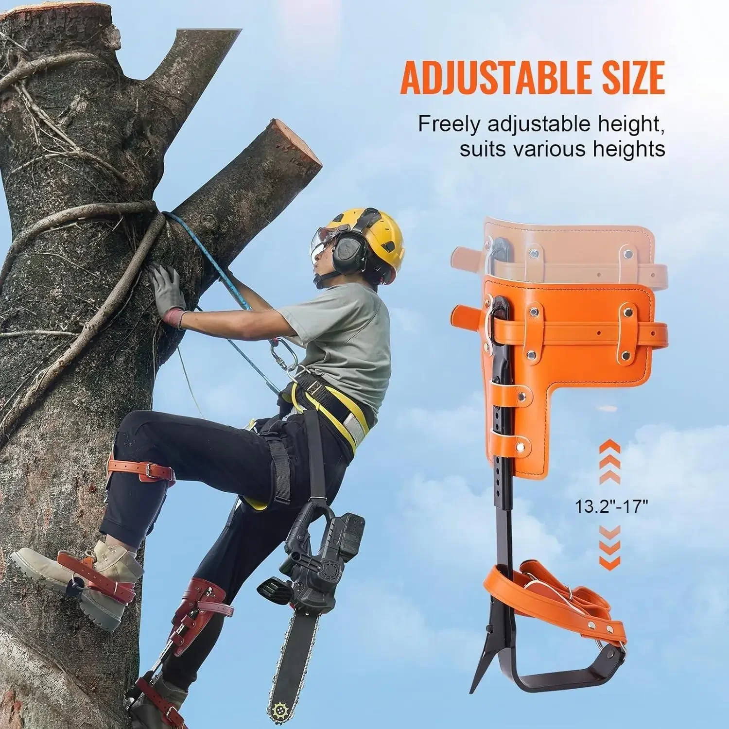 Boomklimspikes Set, 1 paar klimsporen van gelegeerd staal met veiligheidstouw en veiligheidsharnas, boom met een laadvermogen van 350 lbs