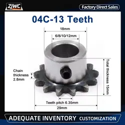 04C Sprocket 13Teeth Inner Hole 6/8/10/12mm 25H 45# Steel Sprocket 04C Table Wheel Finished Hole Sprocket Screw Hole M5