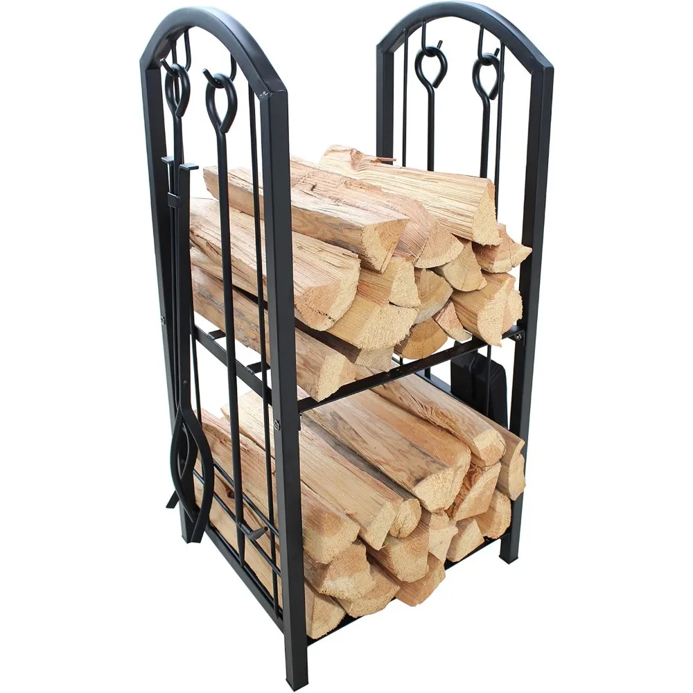 Fireplace Log Rack with 4 Tools Indoor Outdoor Fireside Firewood Holders Lumber Storage Stacking Black Wrought Iron Logs