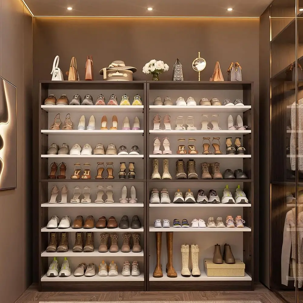 

Двухъярусный деревянный органайзер для обуви: емкость 40-45 пары, отдельно стоящая, вертикальная стойка — темный орех и белый