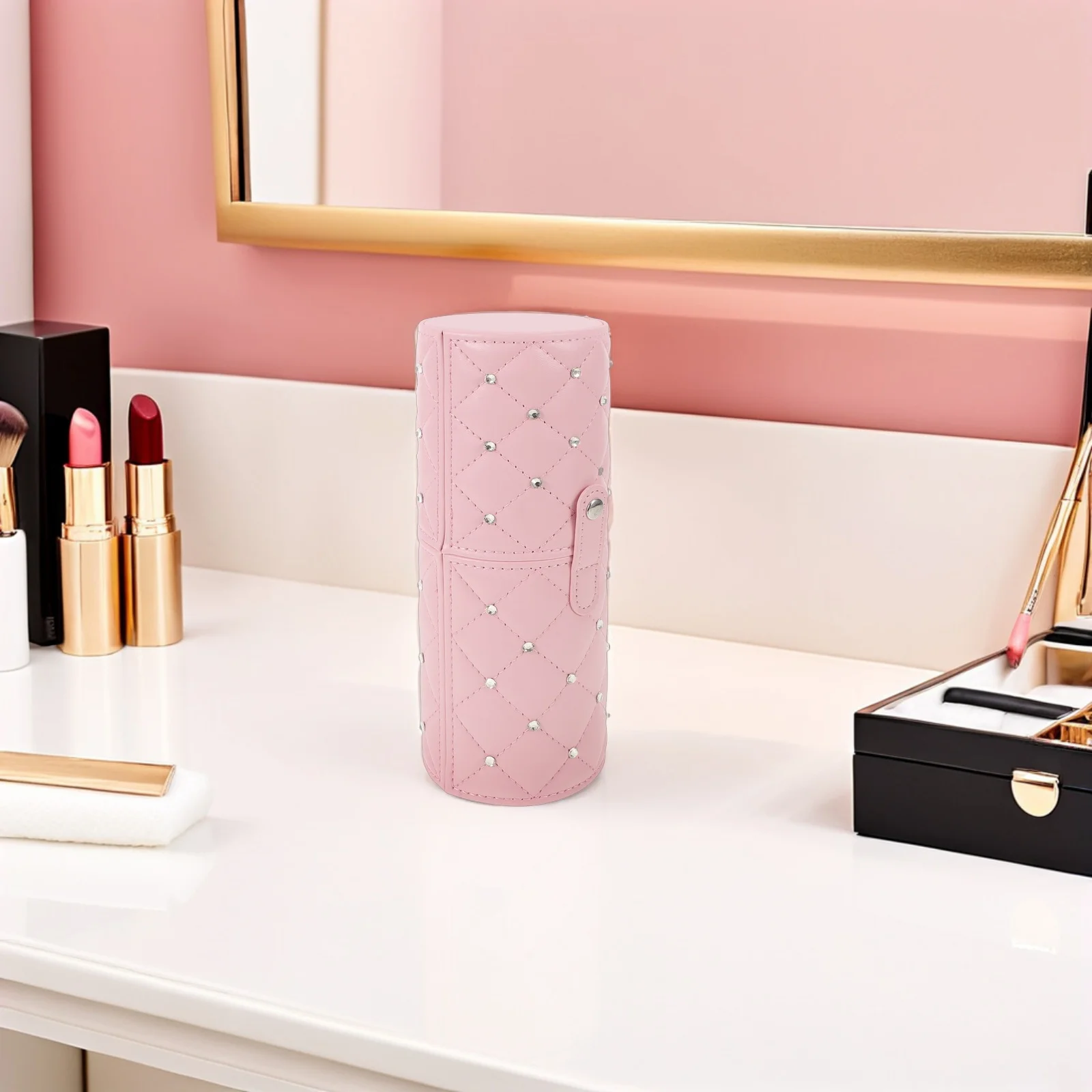 

Pink Rhinestone Makeup Brush Holder with Cover - Dustproof Brush Storage Box for Desk Vanity Organization -