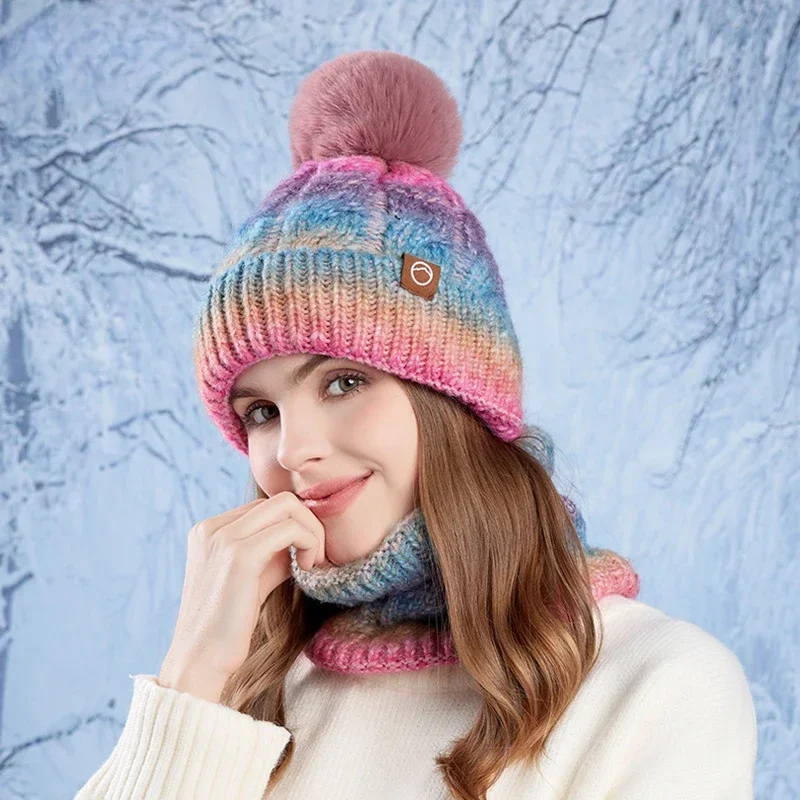 

Winter Warm Hat Scarf Two-piece Set Fleece Thickened Gradual Change Color Knitted Wool Hat Fashionable Versatile Pullover Hat