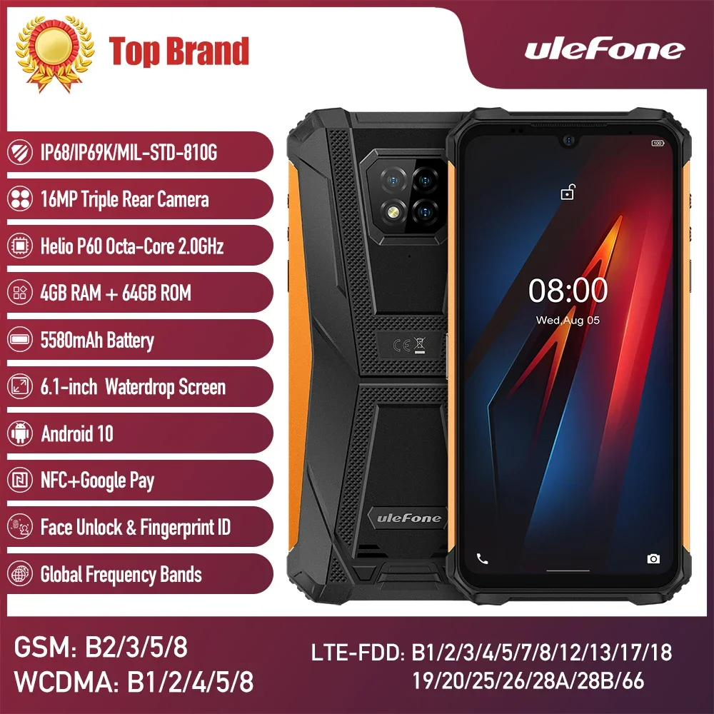 Ulefone-Armadura 8 Smartphone Robusto, Android 11, Uso do Telefone Celular, 4GB, 64GB, 16MP Câmera Tripla, Face ID Fingerprint ID, 5580mAh, 6,1"