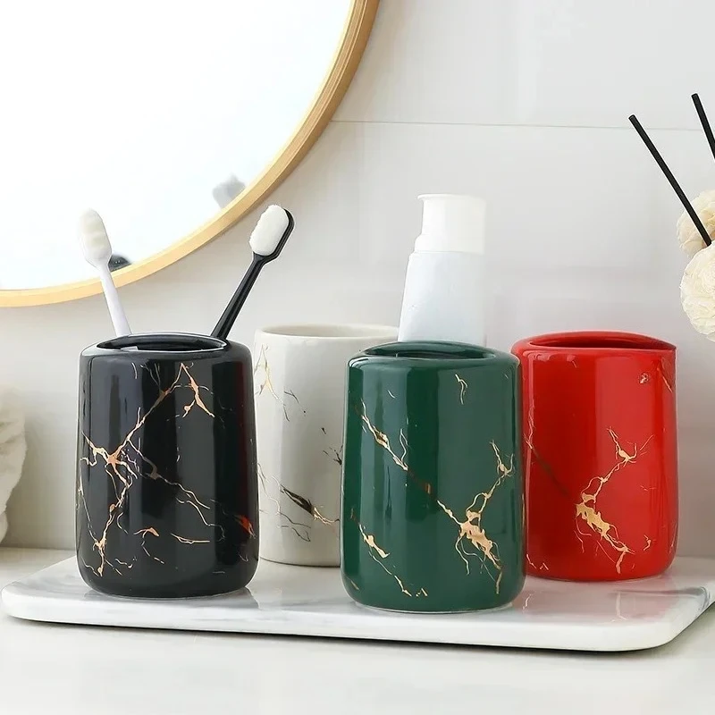 

Marbling Ceramics Toothpaste Toothbrush Holder Multifunctional Storage Cup Bathroom Organizer Rack Bathroom Supplies