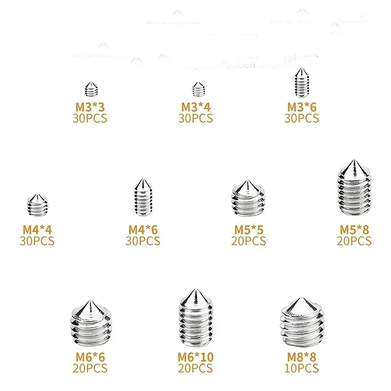 240pcs Stainless Steel Hex Socket Screw Set M3/M4/M5/M6/M8 Grub Screws with Cone Point & Tapered End Durable Fasteners