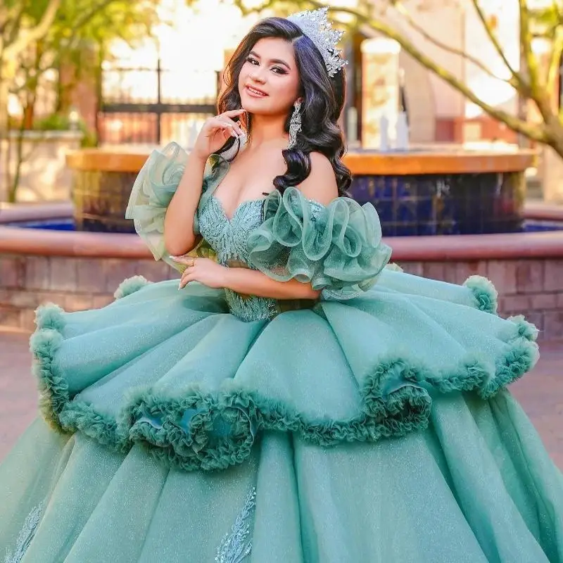 

Mint Green Shiny Ball Gown Quinceanera Dresses Off the Shoulder Beads Tiered Tull Party Birthday Sweet 16 Vestidos Customized