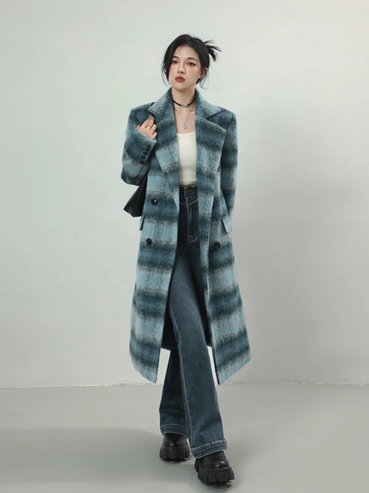 Lautaro Autumn Winter Long Warm Colorful Blue Plaid Woolen Coats for Women Shoulder Pads Double Breasted Korean Fashion 2023