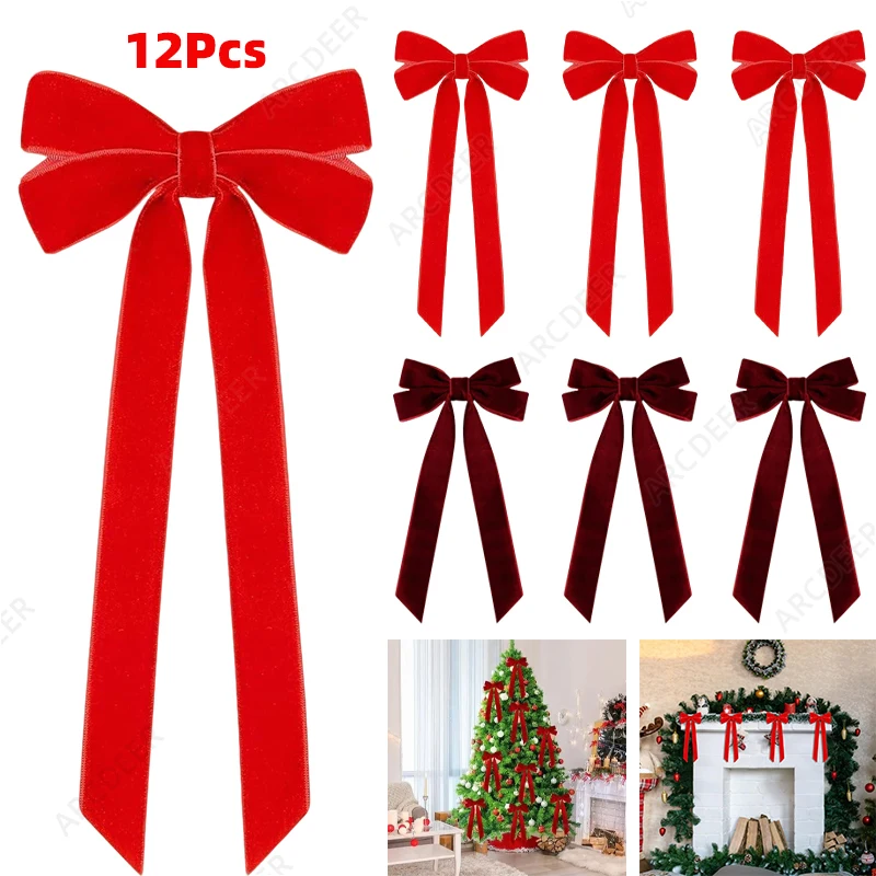 

12pcs Christmas Decorations Red Velvet Bows Xmas Tree Hanging Pendant Home Christmas Gift Wrapping Christmas Bow Holiday Decor