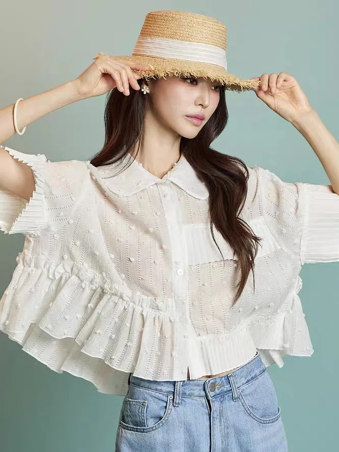 Elegant Korean Style Loose Lace Shirt Short Sleeve Hollow out Design Slimming Effect Early Spring Fashionable Top for Women