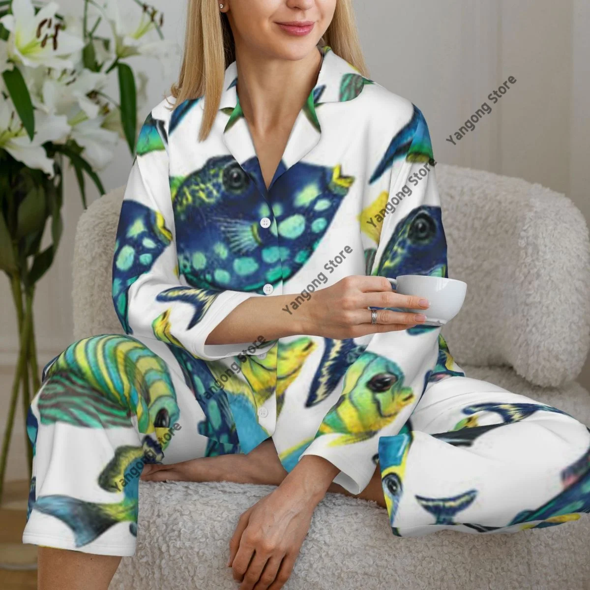 Women's Pajamas Long-sleeved Girl Loungewear Two-piece Set Tropical Fish- Watercolor Pajamas for Autumn Spring