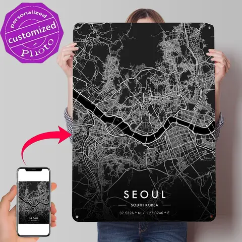 Seoul City Map Dark Personalized 3D Textured Metal Poster Wall Art Vintage Tin Signs for Home Decoration Gaming Room Decor House