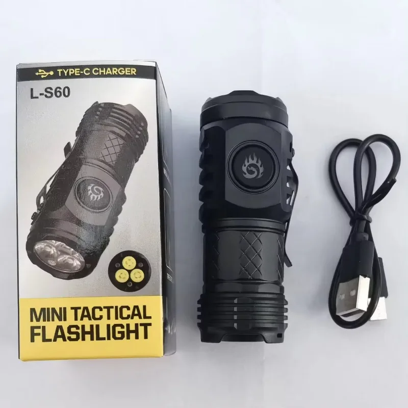 Mini flashlight Tactical Torch Super Bright 3 LED Flashlight Type-C Rechargeable Camping Light ABS with Metal Clip Hiking Lamp