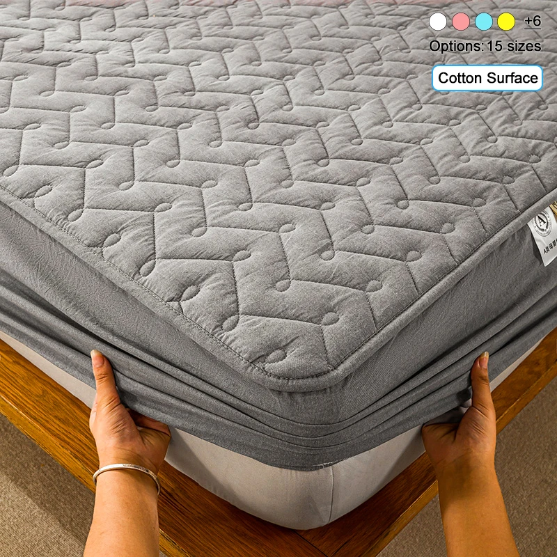 Washed Cotton Quilted Fitted Mattress Cover, Breathable Soft Mattress Protector with Deep Elastic Pocket, Non‑Slip Bed Sheet