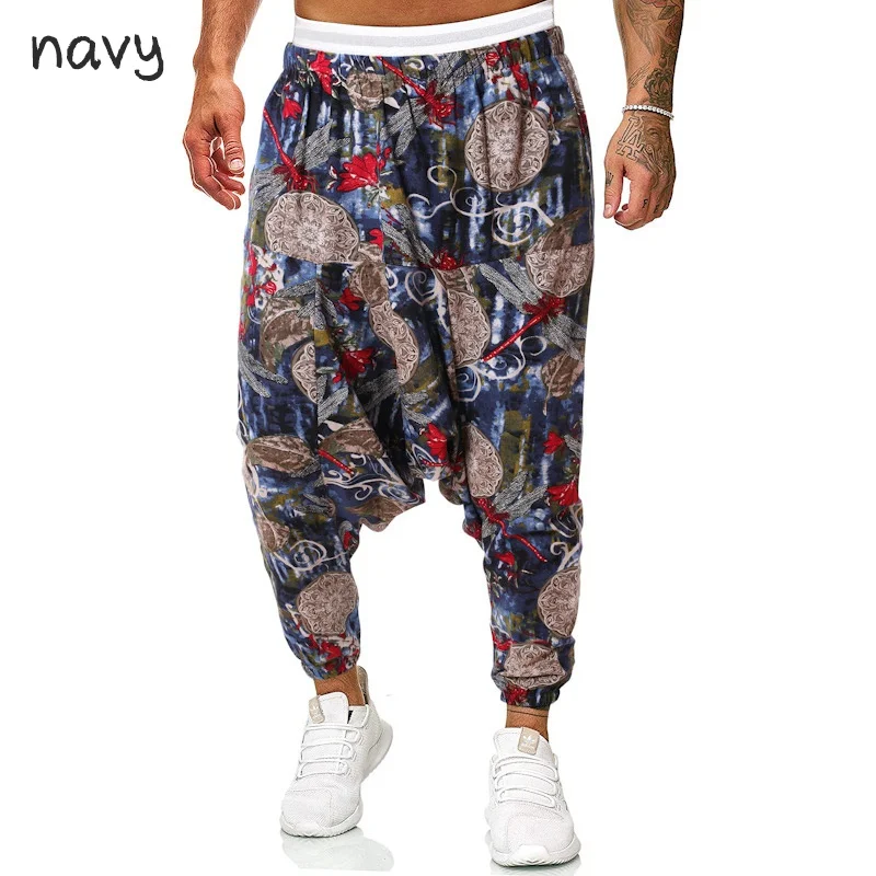 Men\'s harem pants linen cotton casual trousers Africa print jogging loose hip hop party trousers 7 colors