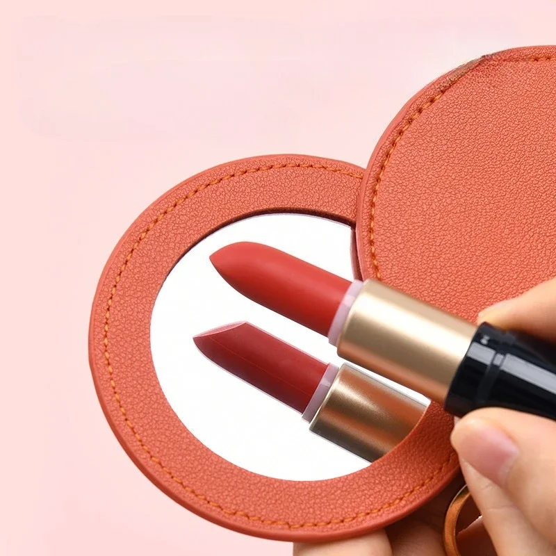 Makeup Mirror Customized LOGO Round PU Leather Keychain Laser Engrave Car Keyring Portable Rotating Travel Bag Pendant Key Chain