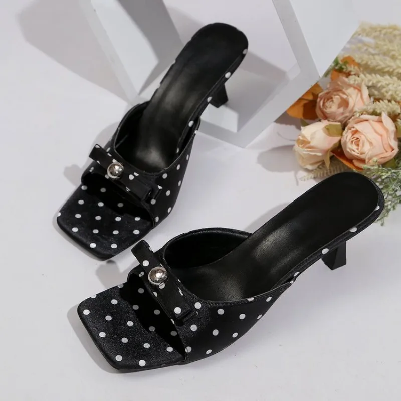 

Women's Polka Dot Square Toe Mules, Cute Bow Kitten Heel Slides, Elegant Summer Party Dress Shoes