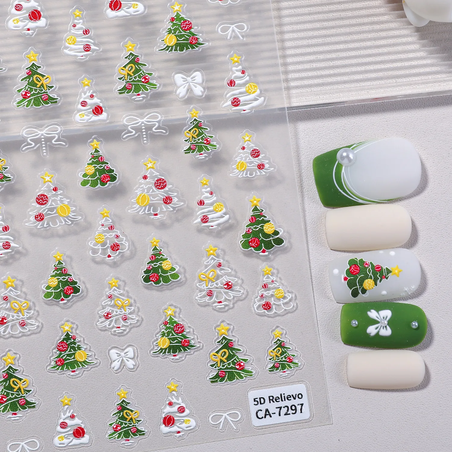 1 Set 5D Embossed Christmas Tree Nail Stickers Festive Elements Self Adhesive DIY Holiday Manicure Nail Art Decor