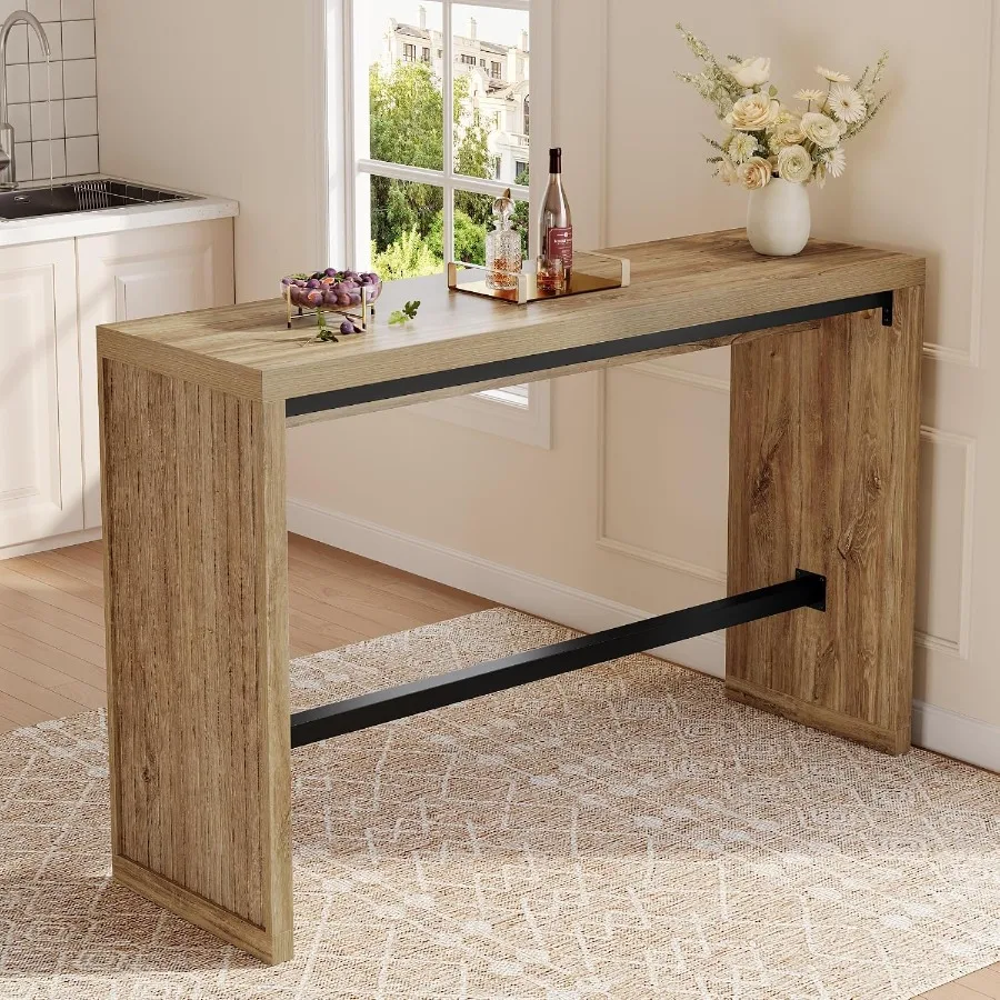 55-Inch Bar Table with Metal Footrest, Counter Height Pub Table, Narrow High Top Dining Table for Kitchen, Dining Room and Home