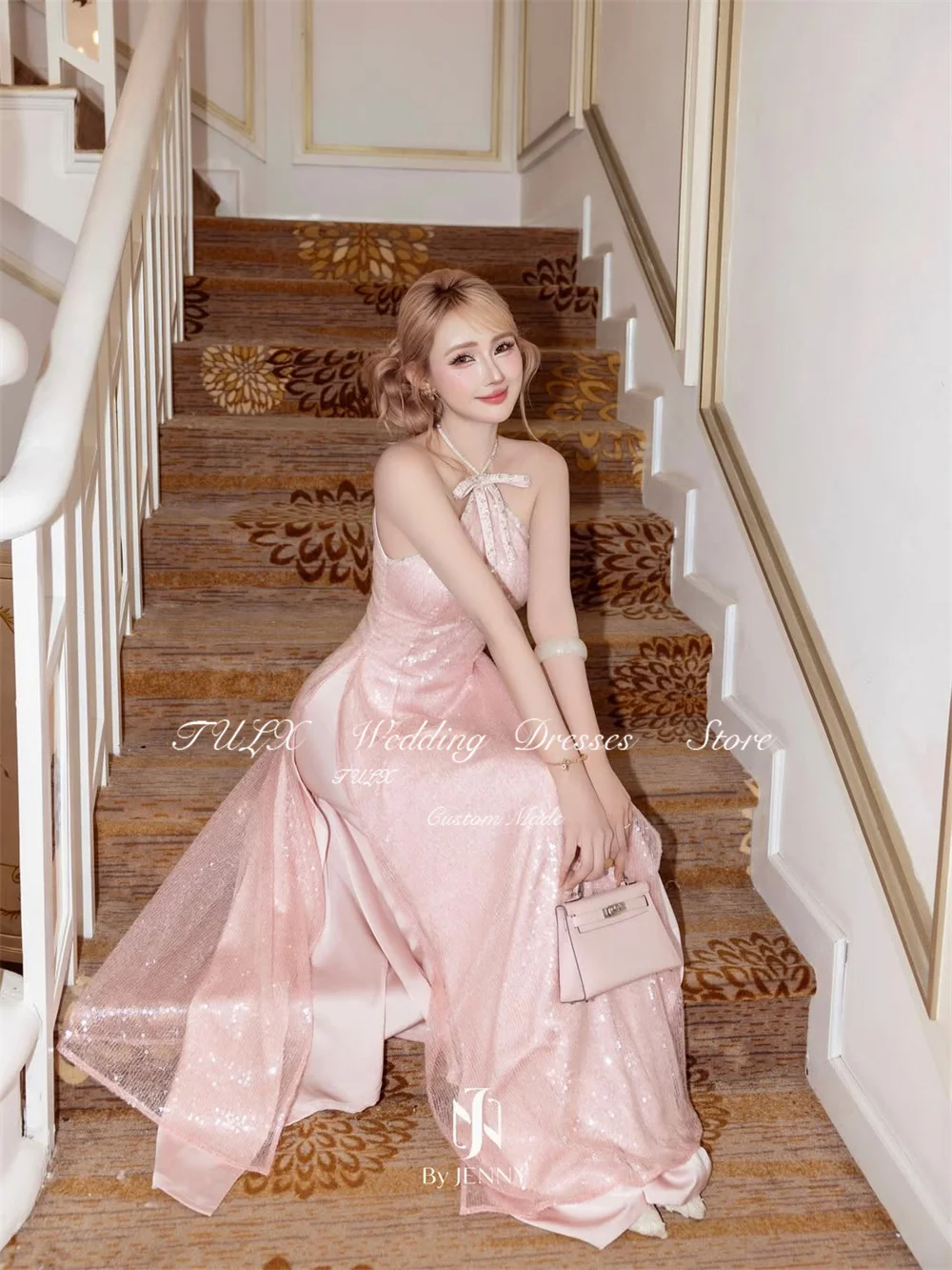 TULX 高級ピンクキラキラレースイブニングドレスホルターネックノースリーブパーティードレス A ラインロングフォーマルオケージョンドレスカスタマイズ 2026