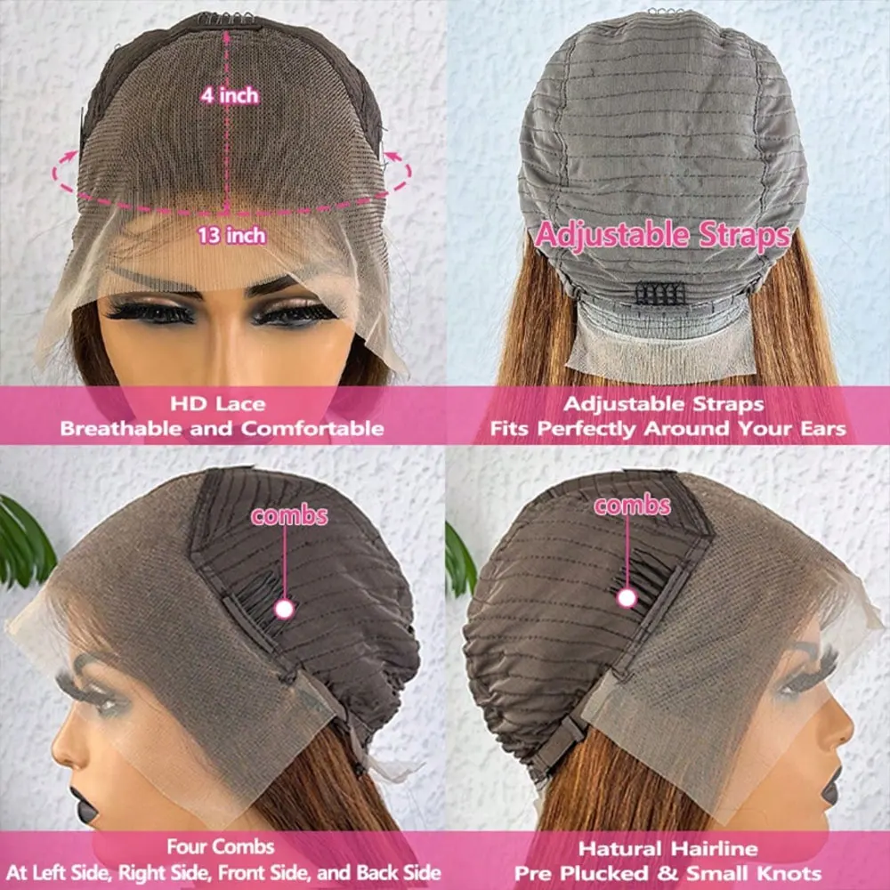 Peruca de Cabelo Humano Castanho Chocolate de 34 Polegadas com Renda Frontal, Castanho Escuro Liso, Peruca Frontal de Renda Transparente 13x4, Densidade 250%