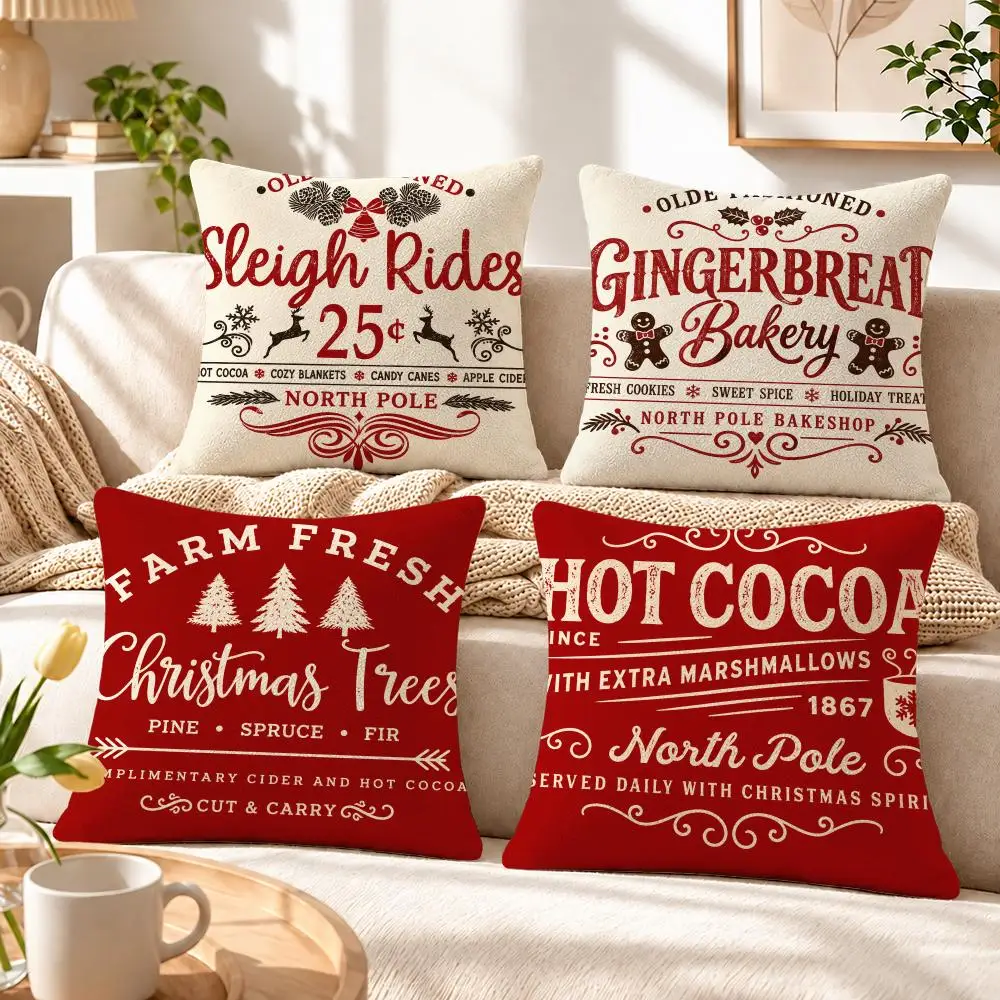 Holiday Vintage Signboard Christmas Cushion Cover Soft Short‑Plush Pillowcase, Sofa Bedroom Home Decor, Holiday Gift