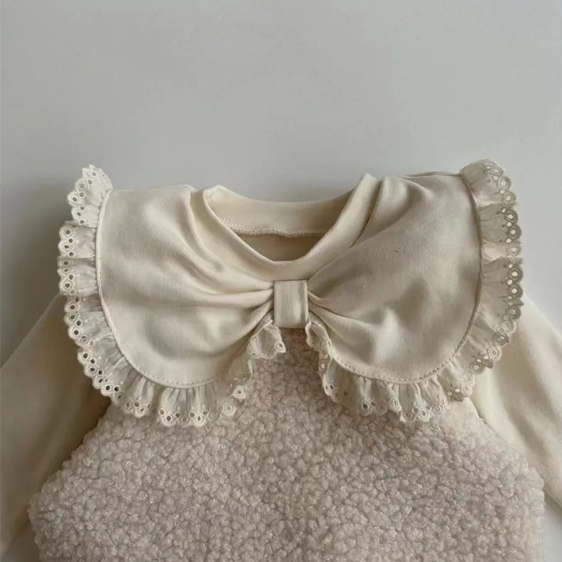 Baby Undershirt Spring and Autumn Baby Lace Bow Turn-down Collar Bottom Shirt for Girls Baby Princess Long Sleeve Top