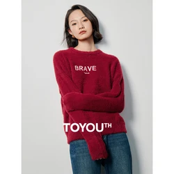 Toyouth Women Sweater 2023 Winter Long Sleeve O Neck Loose Knitwear Letter Embroidery Christmas Day Warm Soft Clothes Tops