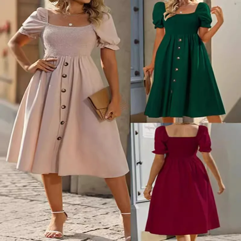 Elegant Women's Short Sleeved Midi Dress 2024 Summer Green Button Up Long Dresses Lange Jurken Vestidos Dama Robe Femme