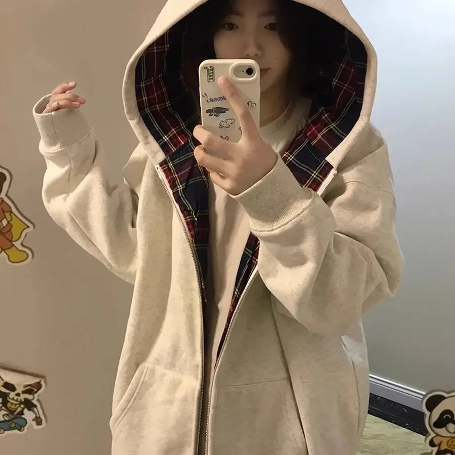 Women Vintage Plaid Patchwork Color Block Hoodie Jacket Autumn Winter Casual Cardigan Streetwear Hooded Sweatshirt Top - view 4