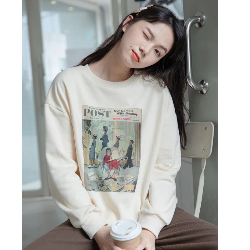 

Ivory White New Crew Baggy Sweatshirt Women Fleece Thicken Fashion Letter Printing Street Lazy Wind Long Sleeves Pullover Top