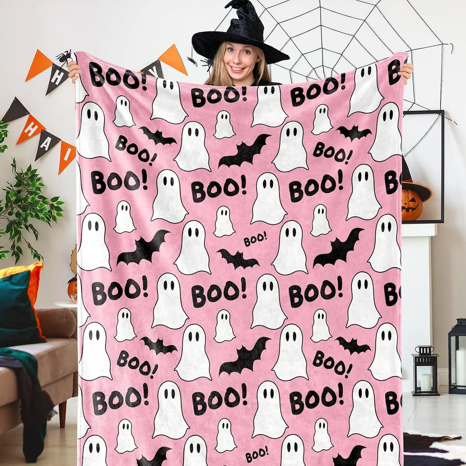 JarThenaAMCS Halloween Fuzzy Blanket Boo Ghost Bat Throw Blanket Pink Soft Cozy Flannel Blankets for Home Bed Sofa Couch Chair, 50 x 60 Inch
