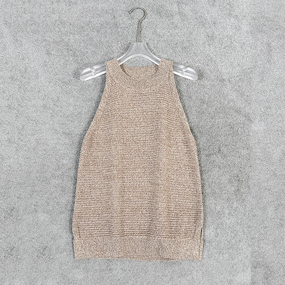 Women 100% Cotton Halter Knit Tank Top Sleeveless Mock Neck Textured Horizontal Stripe Side Slit Casual Summer Cami Top