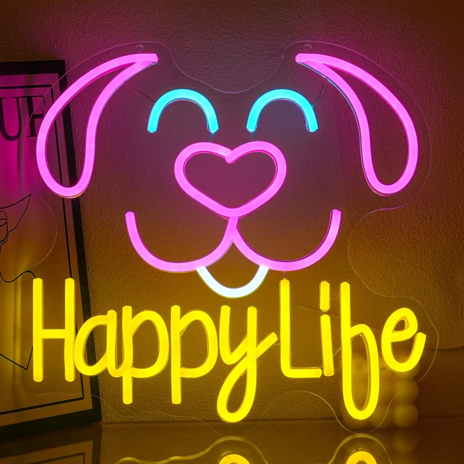 

Неоновая вывеска Happy Life Dog с очаровательным щенком, неоновая вывеска с регулируемой яркостью, питание от USB, светодиодная вывеска для собаки, буквенная подсветка для декора спальни