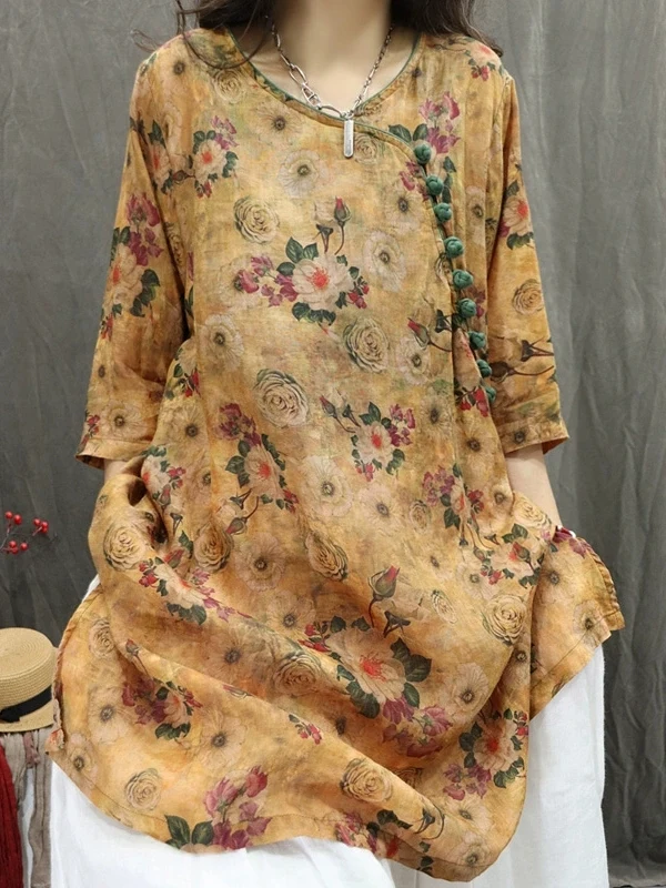 

Летний художественный топ в стиле ретро с национальным принтом из льна, повседневный, свободного кроя, с V-образным вырезом, средней длины