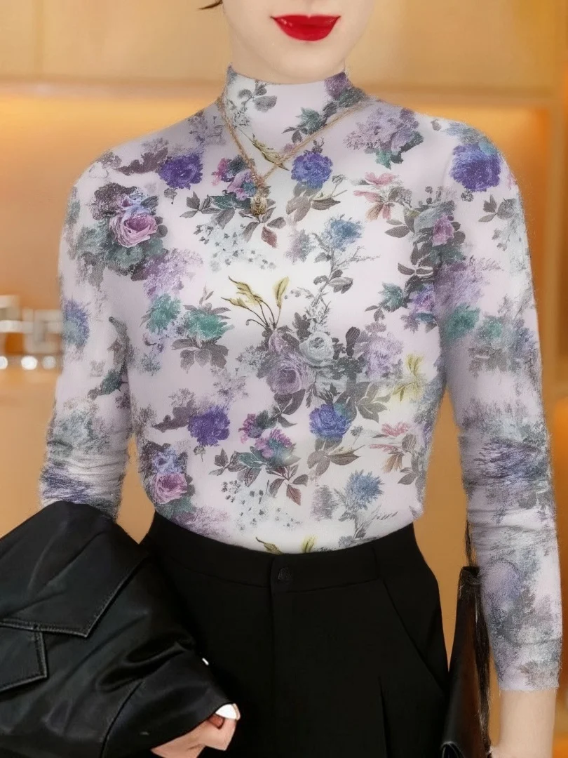 

Утепленная флисовая кофта с длинным рукавом, принтом и градиентными цветовыми блоками, с высоким воротником, для мам, повседневная, приталенная, теплая, из полиэфирного волокна