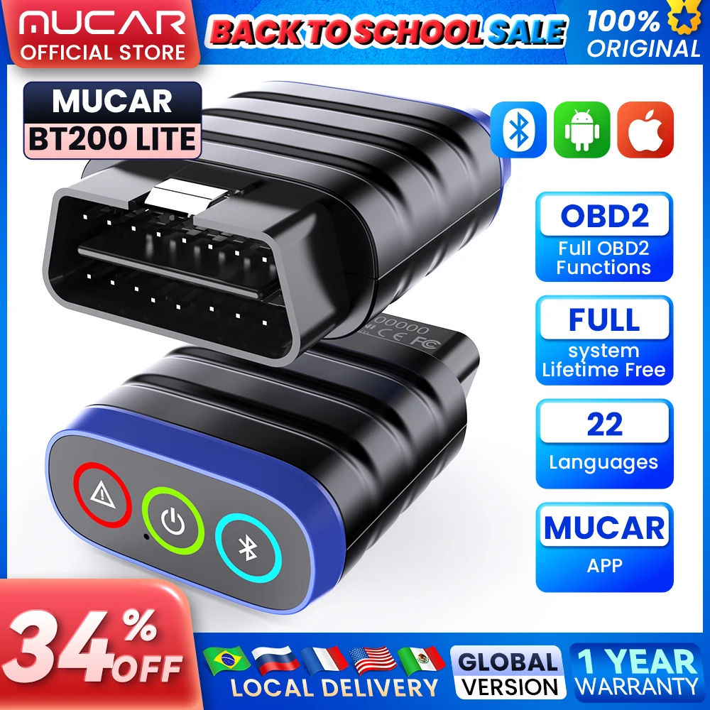 MUCAR BT200 Lite Auto OBD2 Scanner Full System Diagnostics Clear Code Reader Live Date Car Diagnose Tool Lifetime Free Update