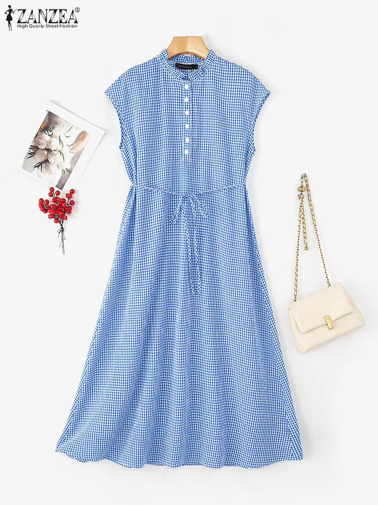 ZANZEA Summer Sleeveless Plaid Checked Dress Elegant Women Midi Dresses Work Sundress Casual Holiday Robe O Neck Loose Vestidos