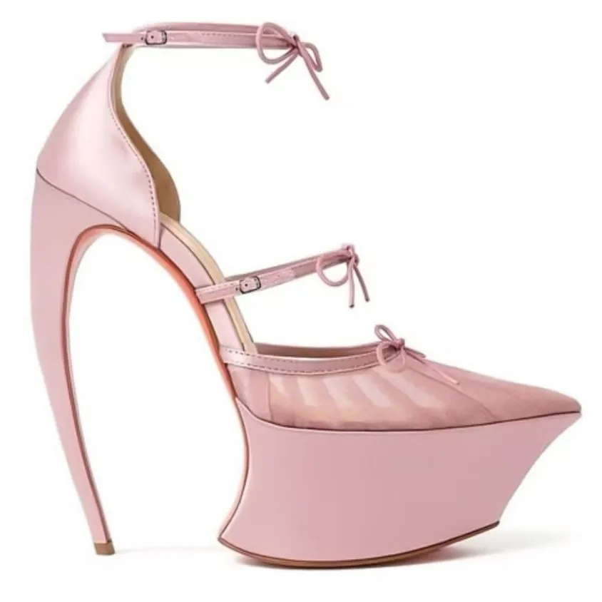 Women's Pink Sculptural Heel Platform Pumps – Mesh Pointed Toe, Bow Ankle Straps, Avant-Garde Party Shoes for Club image 6