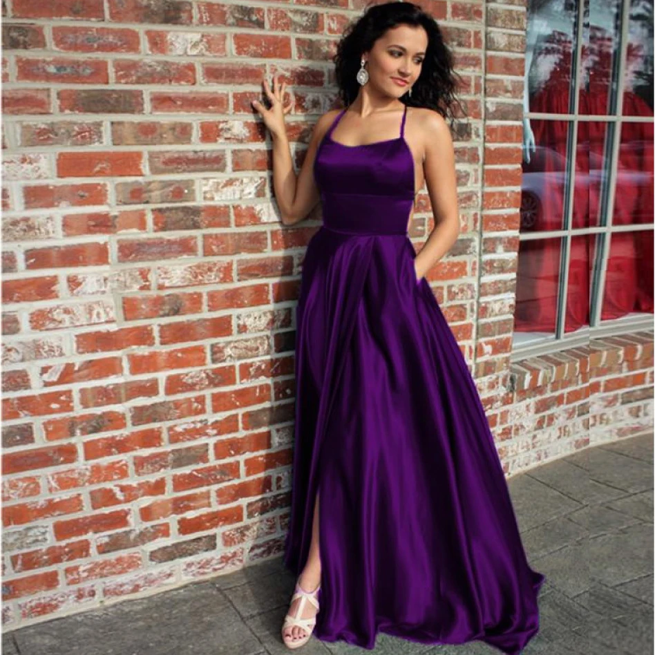 

LSYX Spaghetti Strap Sparkly Prom Royal Purple Dress A-Line High Split Backless Taffeta Floor Length Sexy Woman Party Dresses