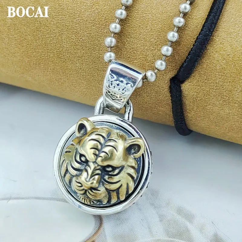 BOCAI  Pure S925 Silver Jewelry New Trendy Retro Tiger Head Turning For Good Luck Man Pendant Valentine's Day Gifts