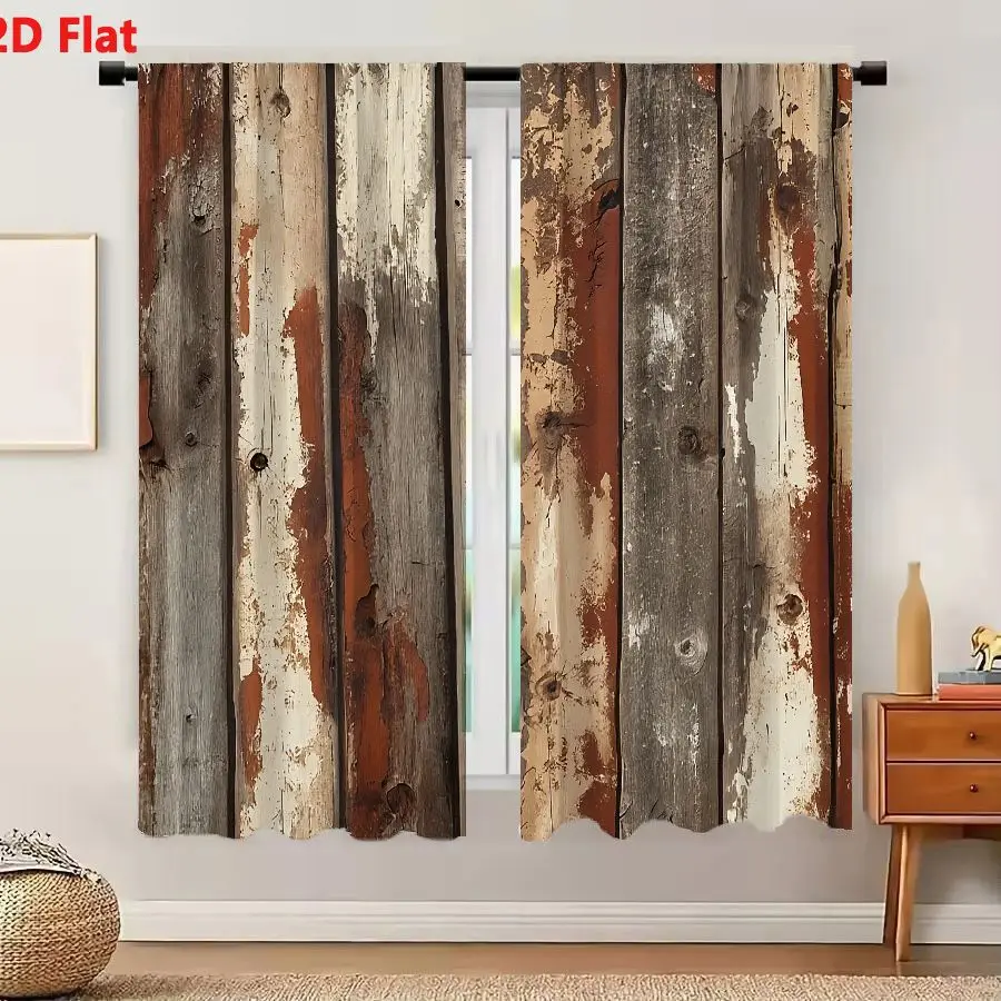 2Pcs Curtains 2D Flat Rustic Weathered Vertical Wooden Planks With Peeling Faded White And Off-white Paint Revealing Reddish-bro