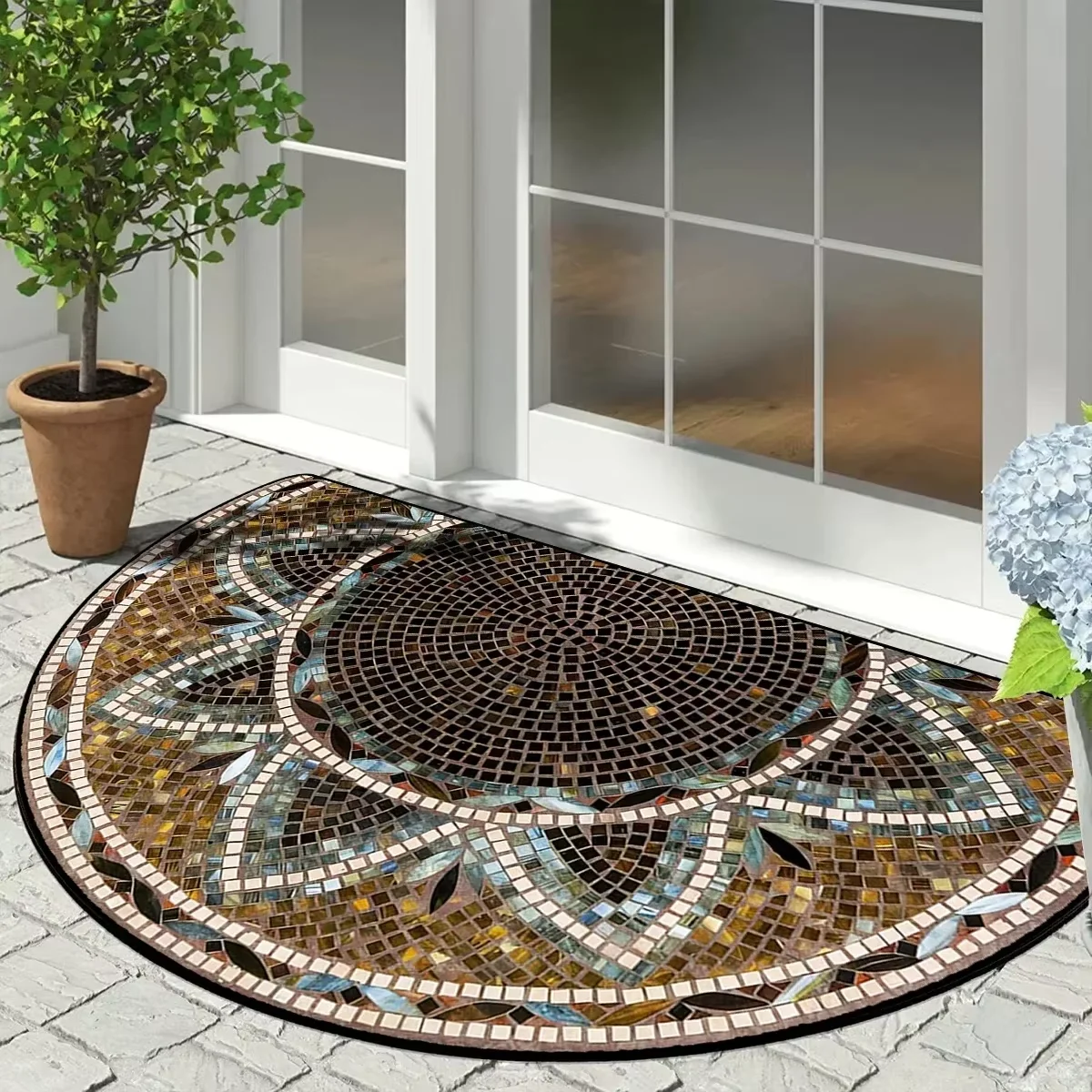VIKAMA Half-Round Vintage Stone-Patterned Doormat, Dust-Proof, Anti-Slip, Water-Absorbent, Flannel Entrance Carpet