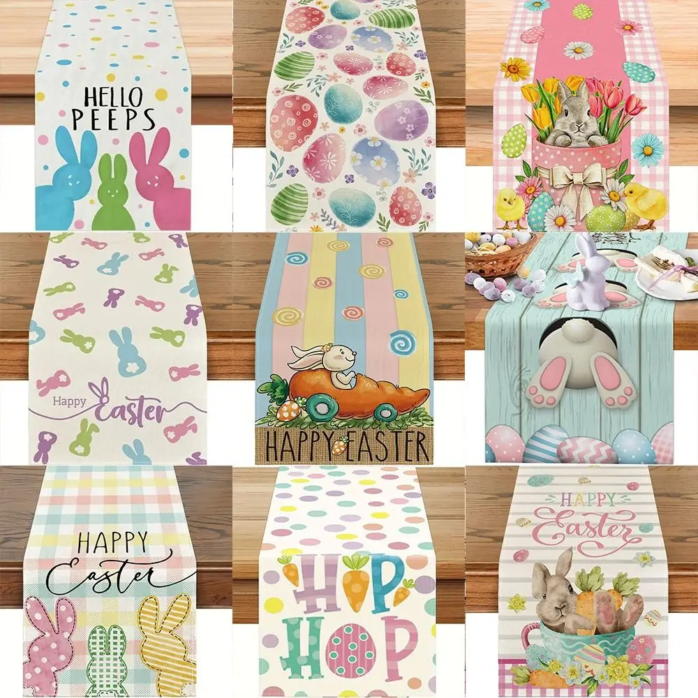 

New Linen Happy Easter Table Runner Egg Rabbit Easter Tablecloth Bunny Placemat Dining
