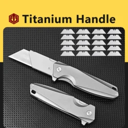 Titanium Alloy Folding Knife Utility Pocket Portable Cutting Tools Metal Handle Pipe Cutter Outdoor EDC With 20PCS Blades