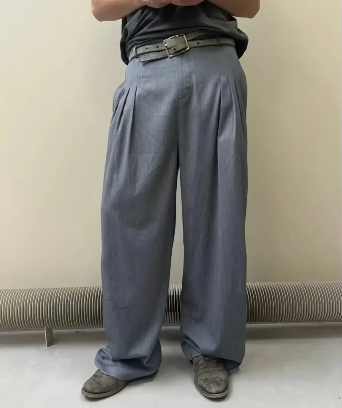 No faith studios simple pleated black gray twill men's drape wide-leg trousers