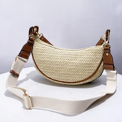 Bohemian Half Moon Beach Straw Bags For Women Luxury Designer Handbag And Purse 2024 New In Papyrus Weaving Wide Straps Shoulder