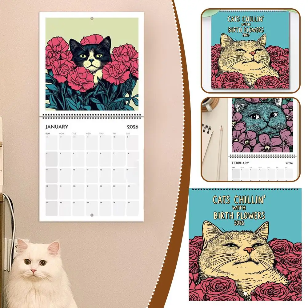 2026 Cat Flower Calendar Cute Funny Cat Pattern 2026 Desktop Wall Calendar Spiral Bound Home Office Decor Daily Planner