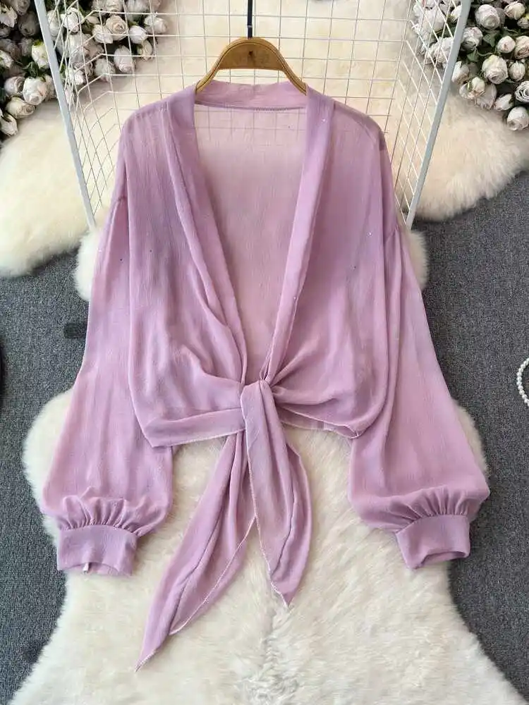 Tops holgados de Color sólido para mujer, cárdigan informal sencillo para ir al trabajo, diseño con cordones, cuello en V, mangas largas, verano