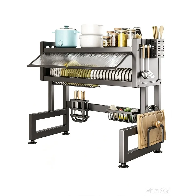 Kitchen Sink Shelf Countertop Dishes Sink Cupboard Multifunctional Dust-proof With Cabinet Door Dish Storage Drain Rack