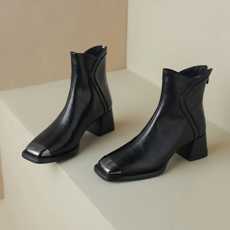 MORAZORA Size 34-42 Genuine Leather High Heels Boots Women Shoes Zipper Thick Heels Metal Square Toe Fashion Ankle Boots